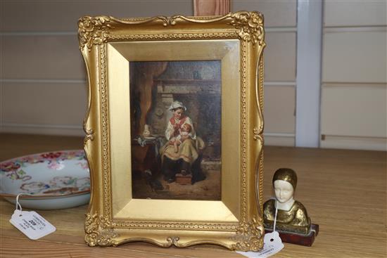 19th C. French School, oil on panel, Interior with mother and child, indistinctly signed, 15 x 10cm.